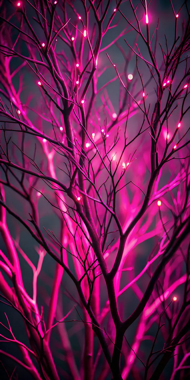شاخه های درخت صورتی درخشان با رنگ بصری تیره کاغذدیواری  2K