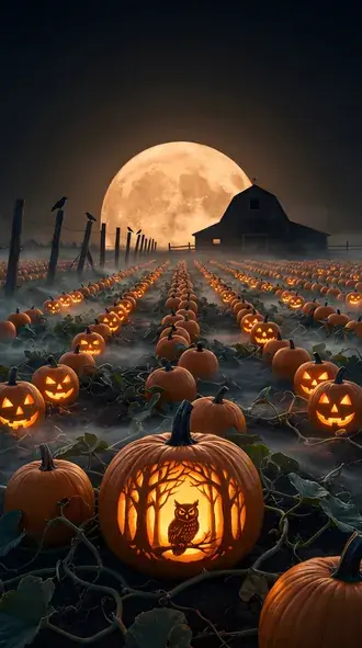 Glowing Pumpkin Patch Under a Full Moon in an Autumn Field on Halloween Night 4K wallpaper