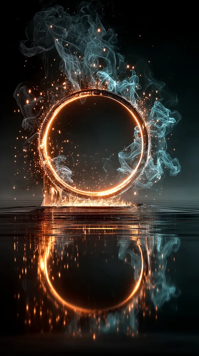anillo luminoso sobre el agua con reflejo de humo y particulas descargar
