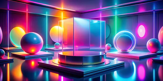 sfere luminose e forme geometriche con riflessi al neon scarica