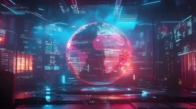 orbe tecnologico brillante en un paisaje virtual descargar