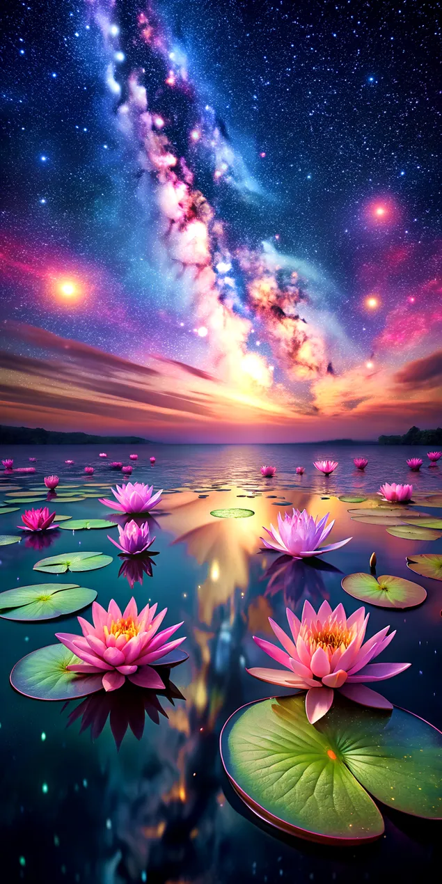 زنابق الماء المتوهجة بألوان الباستيل تطفو على بحيرة مرصعة بالنجوم مع تموجات خفيفة 2K خلفية