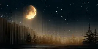 Bulan kayu bercahaya di atas hutan dengan unsur menegak abstrak 2K kertas dinding