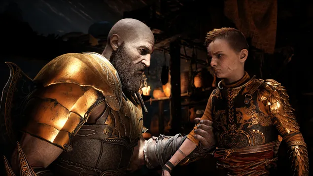 God of War 4 (videospeletjie): Kratos en Atreus 4K muurpapier