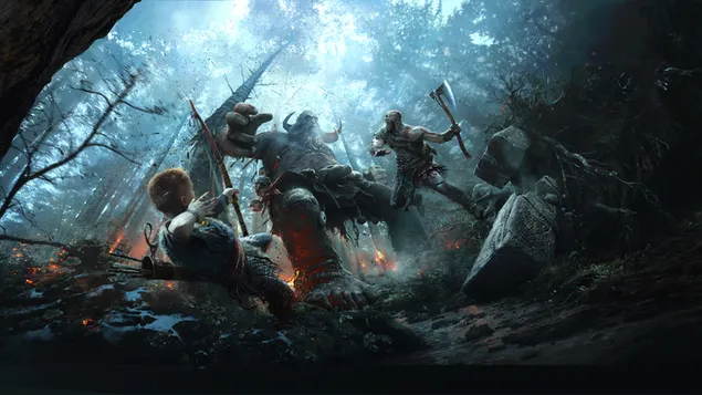 God of War - Atreus and Kratos fighting with demon download