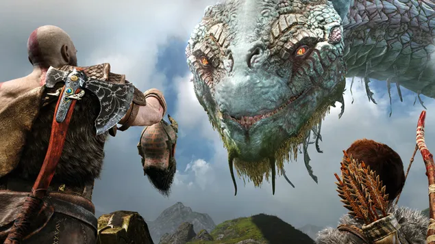 God of War - Kratos y Serpiente Marina 4K fondo de pantalla