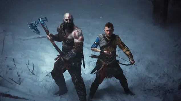 God of War Ragnarok Kratos en Atreus 4K achtergrond