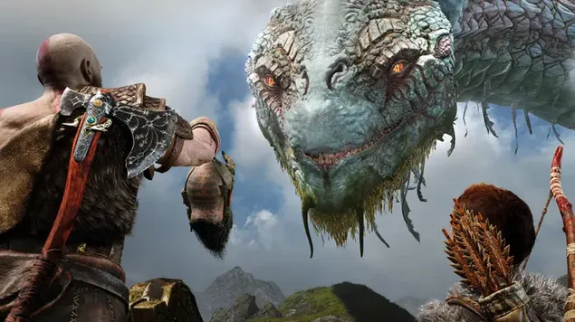 El héroe de la serie de videojuegos God of War desafía al dragón en el campo de batalla de campo abierto 4K fondo de pantalla
