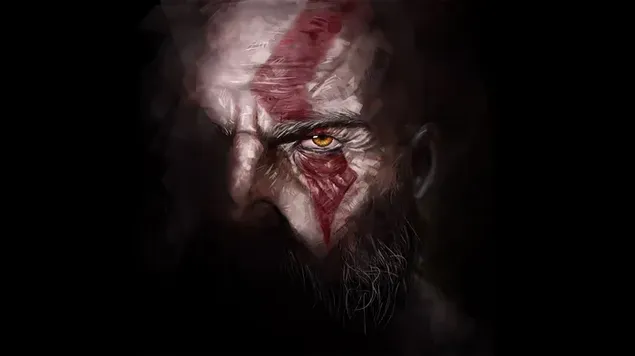 Personaje de anime de la serie de videojuegos God of War mirando a la lente con ojos marrones de cerca sobre fondo negro 2K fondo de pantalla