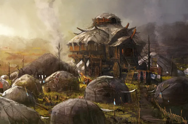 Ταπετσαρία Παλιά σπίτια και σκηνές της σειράς Godslayer στον καπνό 2K