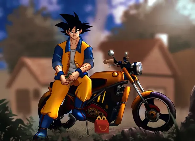 Goku & his bike with MacDonald treat 4K wallpaper