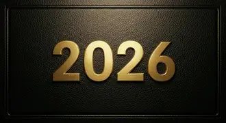 Zlati vtisnjen napis '2026' na črnem usnjenem ozadju, luksuzni vrhunski novoletni dizajn 8K ozadje