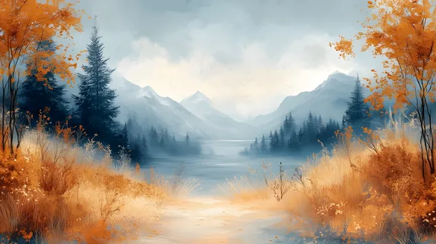 Zlatni jesenski spokoj: magloviti planinski pejzaž 2K pozadina