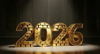 Lingotes de ouro esculpidos em um ousado formato de 2026 sob intensos holofotes, estética de luxo premium. 8K papel de parede