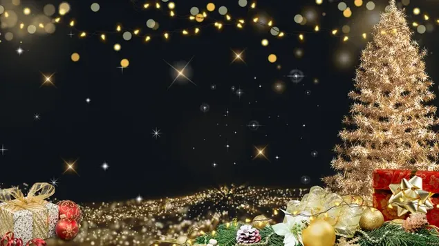 Gouden kerstboom en cadeautjes 4K achtergrond