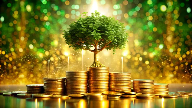 Tapeta Zlatá fontána strom rastúci z mincí obklopený vlnami prosperity 4K