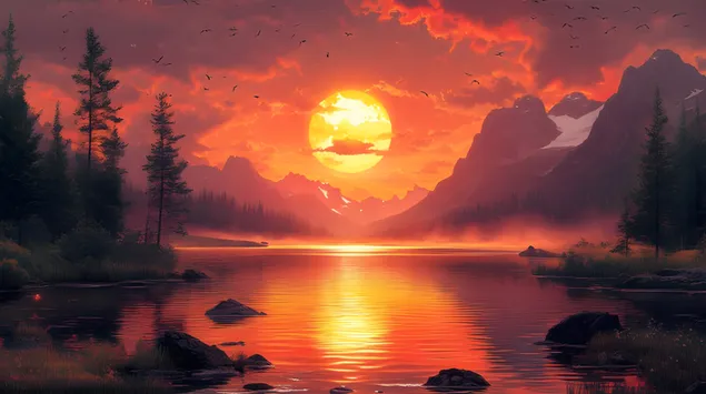 Horizontet e Artë: Qetësia e lindjes së diellit mbi majat madhështore 2K sfond