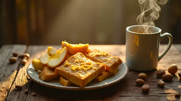 إفطار الساعة الذهبية: خبز محمص، فاكهة، قهوة ومكسرات 4K خلفية