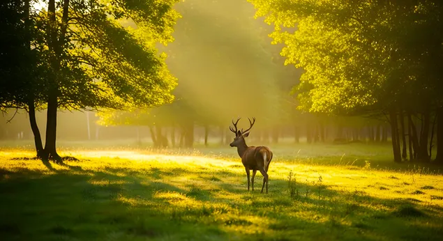 迷雾森林草甸中的金色时光鹿群 4K 壁纸