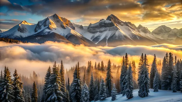 Taustpilt Kuldse tunni mägede neem mändide kohal rulluva udu ja lumiseid tippe valgustava pehme päikesevalgusega 4K