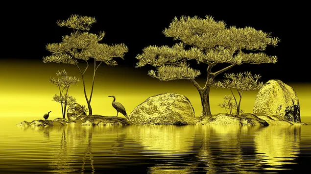zolotoy ostrov: tsaplya i derev'ya na zerkal'noy vode skachat'