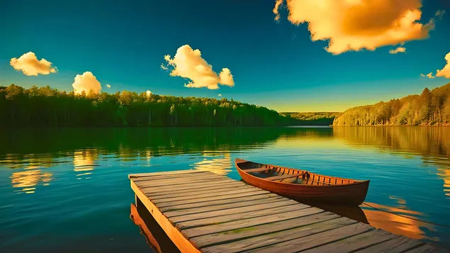 Taustpilt Golden Lake Reflections - puidust dokk ja paat rahulikul järvel, mis peegeldab päikeseloojangu ja kohevate pilvede kuldseid toone 4K