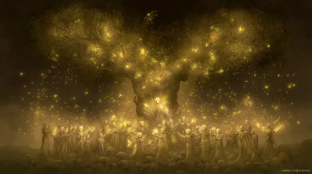 ישויות אור זהובות התאספו תחת עץ מיסטי 2K טפט