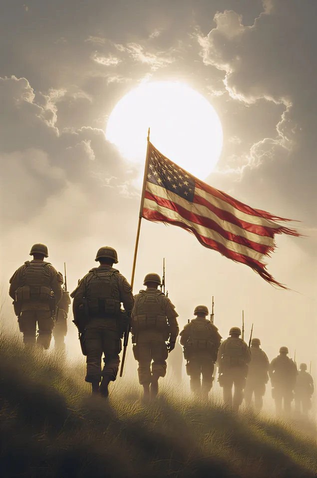 gellent liicht brecht iwwer den horizont, wei brave zaldote vir marscheieren, eenheet, glawen an nei ufang verkierperen. eroflueden