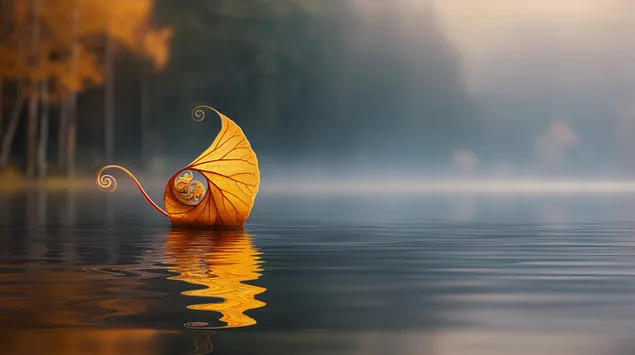 zolotiy peretin kosmichnogo listka, shcho plavaie na spokiyniy tumanniy vodi ozera zavantazhiti