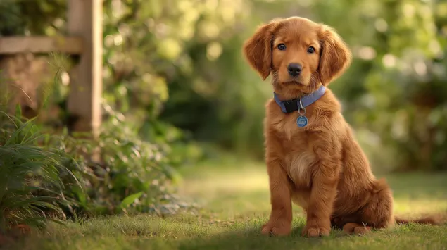Tapeta Štěně zlatého retrívra sedí venku s obojkem 2K