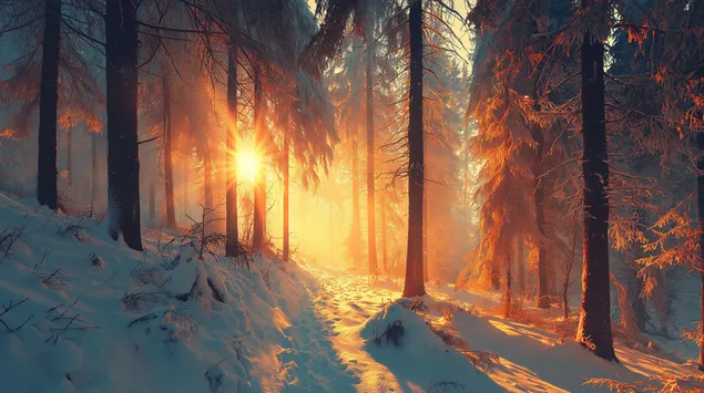 Златен изгрејсонце над недопрен зимски шумски пејзаж 2K тапет