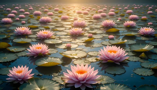 粉色莲花池上的金色夕阳 | 宁静的睡莲 4K 壁纸