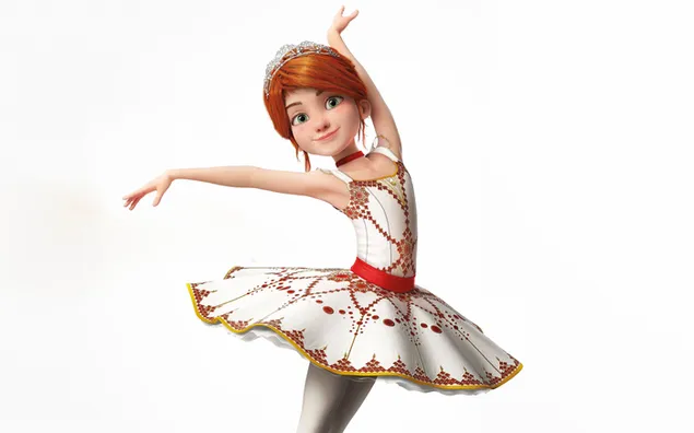 Goldfoil, red-haired animated ballet girl in a white dress with red embroideries 2K wallpaper