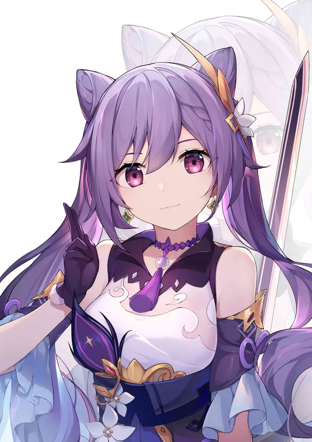 Linda garota anime Keqing olhos muito grandes | Impacto de Ganshin 2K papel de parede