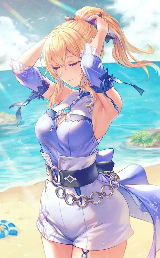 海灘上的華麗動漫女孩 Lumine | 甘信衝擊 2K 壁紙