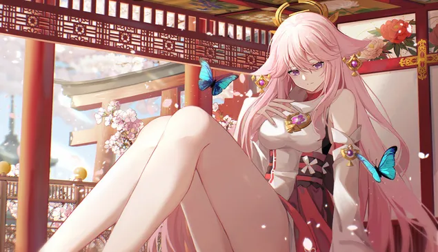 Великолепная аниме-девушка Yea Miko с розовыми и длинными волосами | Ганшин Импакт 2K обои