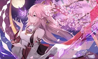 Muhteşem anime kız Yea Miko kelebekle oynuyor | Ganshin Etkisi 4K duvar kağıdı