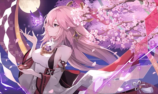 فتاة الأنمي الرائعة نعم ميكو تلعب بالفراشة | تأثير جانشين 4K خلفية