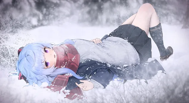 Hermosa chica Ganyu acostado sobre la nieve del invierno | Impacto Genshin descargar