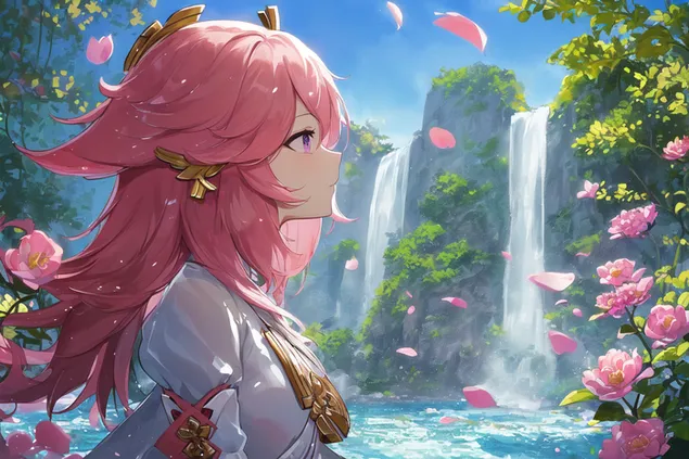 prekrasna djevojka yae miko u blizini prekrasnog vodopada | genshin impact preuzmi