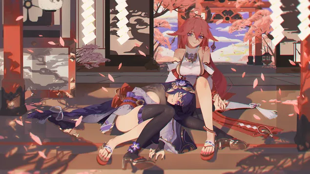 رائع رايدن مستلقية على ذراع Yea Miko (Ganshin Impact) 4K خلفية
