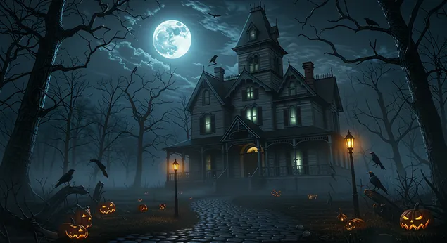 Gothic Moonlight Manor: una villa vittoriana infestata che brilla sotto la luna piena e un cielo tempestoso. 2K sfondo