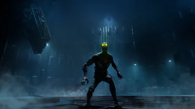 ゴッサムナイツのビデオゲームからの街灯と霧の中で黒い衣装を着た黄色い目のキャラクターの注意深い視線