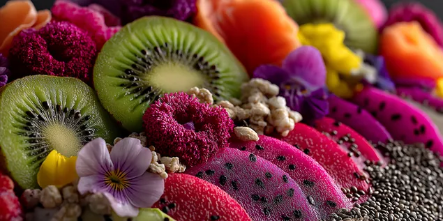 gourmet-smoothie-kulho, jonka paalla on eksoottisia hedelmia ja siemenia lataa