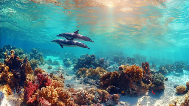 Dauphins gracieux surplombant un récif corallien vibrant 2K fond d'écran