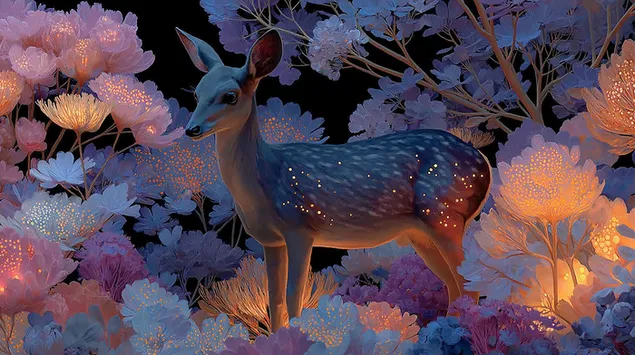 Kaproll i hijshëm në një pyll ëndërrimtar me florë të shndritshme rreth 2K sfond