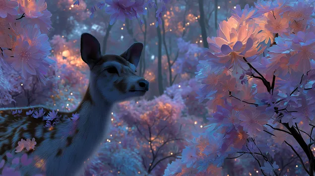 Kaproll i hijshëm në një pyll magjik me lule që shkëlqejnë 2K sfond