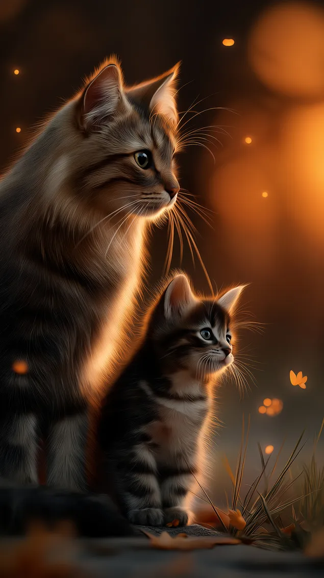 황금시간에 주변을 관찰하는 우아한 고양이들 HD 배경화면