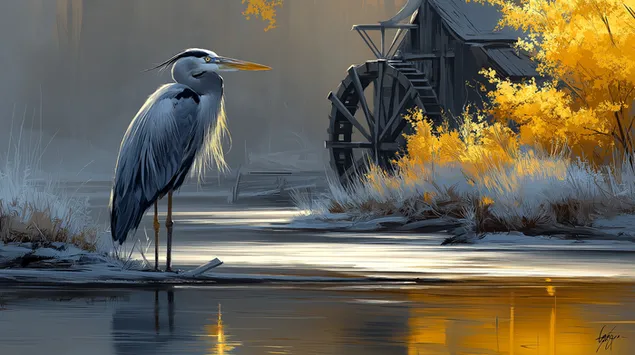 graciozna caplja ob vodnem mlinu v jesenski vodni pokrajini prenos