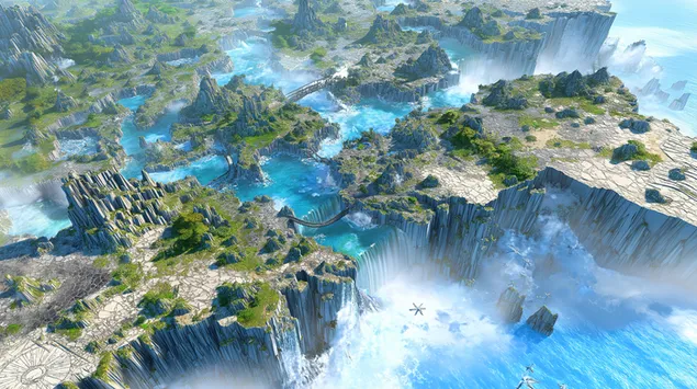 ravna zemlja nalik velikom kanjonu sa vodopadima i mostovima preuzmi